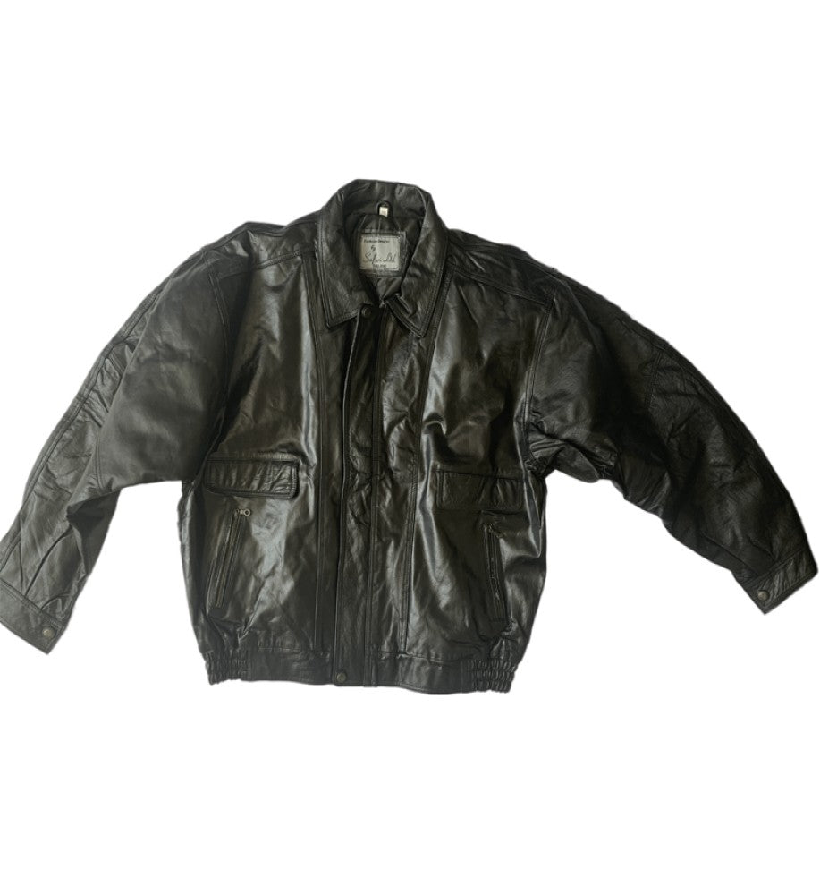 Bomber Leather 90's Vintage Zip Jacket For Men's - Black