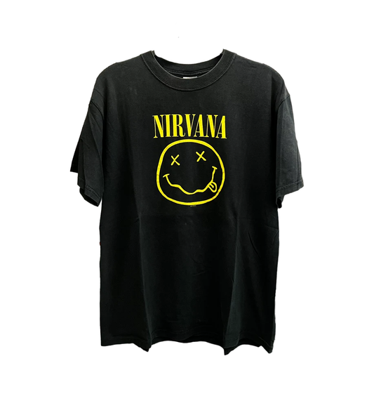 Nirvana - Yellow Smiley Face Print Men's T-Shirt - Black